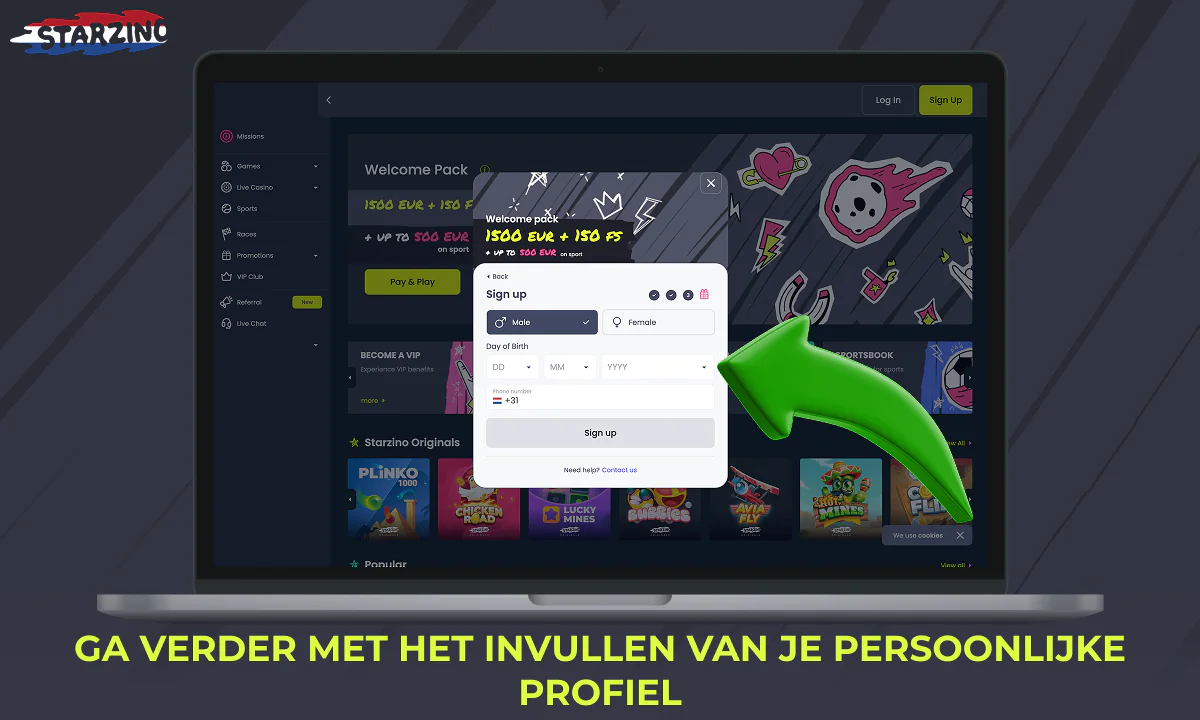 Doorgaan met het invullen van het Starzino registratieformulier