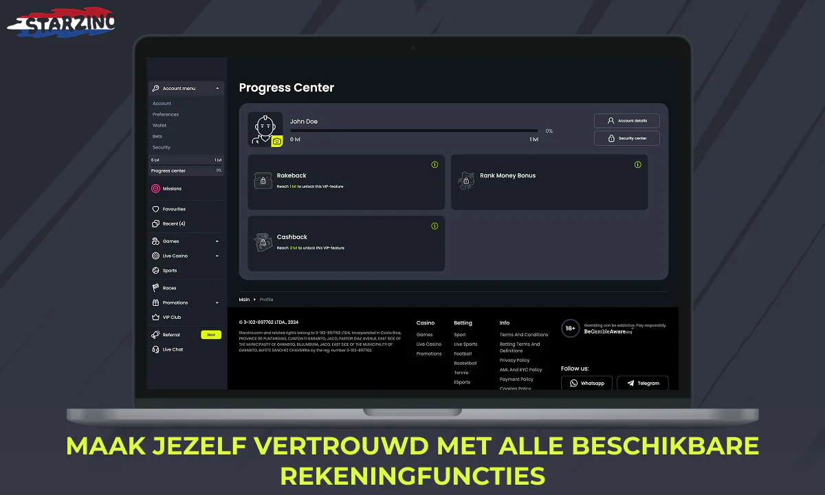 Een overzicht van beschikbare Starzino-accountfuncties
